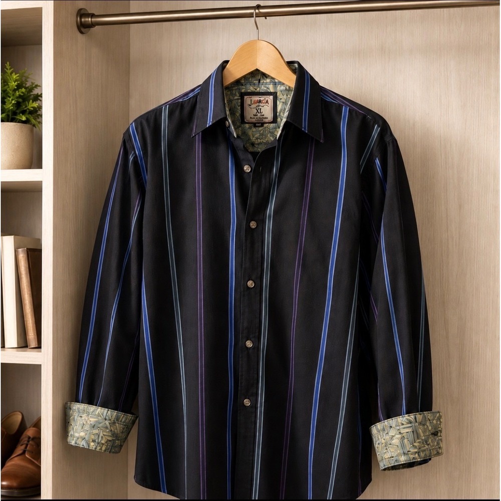 J Garcia Shirt Mens XL Black Blue Purple Stripe Flip Cuff 100% Cotton Button Up